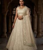 CREAM ORGENZA SILK EMBROIDERY SEMI STICHED  LEHENGA WHIT BLOUSE