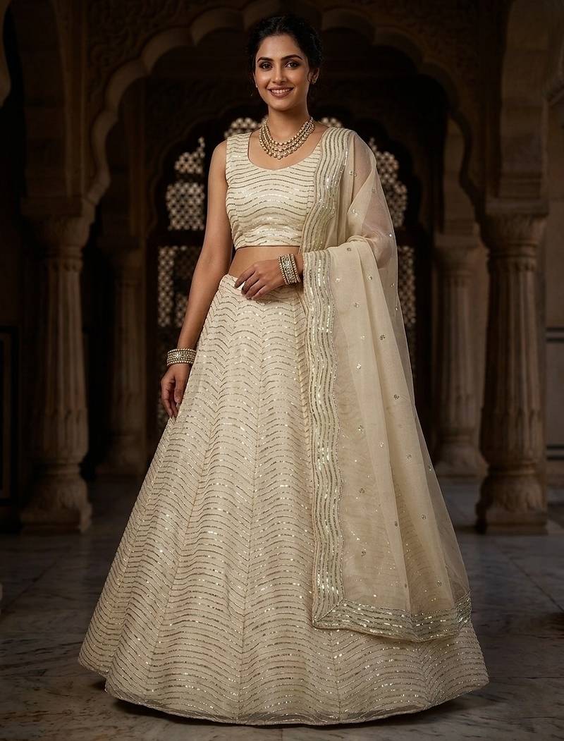 CREAM ORGENZA SILK EMBROIDERY SEMI STICHED  LEHENGA WHIT BLOUSE