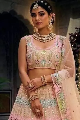 MULTI BUTTERFLY NET EMBROIDERY SEMI STICHED  LEHENGA WHIT BLOUSE
