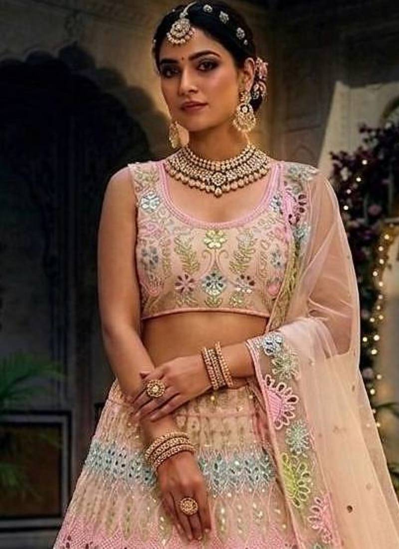 MULTI BUTTERFLY NET EMBROIDERY SEMI STICHED  LEHENGA WHIT BLOUSE