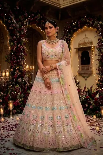 MULTI NET EMBROIDERY LEHENGA WHIT BLOUSE