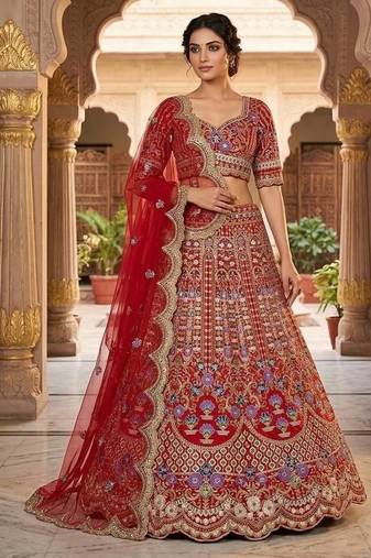 RED  SATIN SILK   EMBROIDERY SEMI STICHED  LEHENGA WHIT BLOUSE