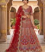 RED SATIN silk blend EMBROIDERY LEHENGA WHIT BLOUSE