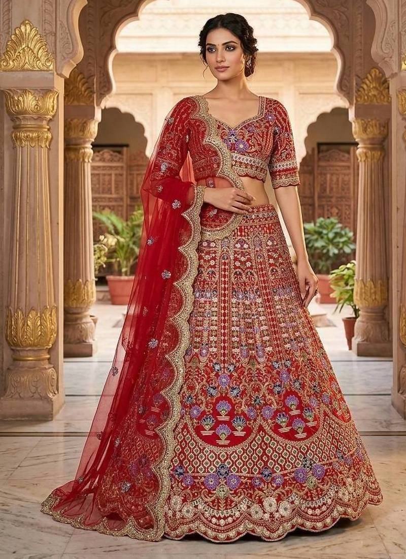 RED  SATIN SILK   EMBROIDERY SEMI STICHED  LEHENGA WHIT BLOUSE