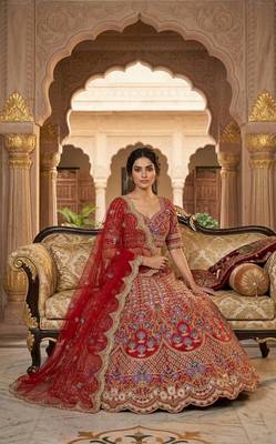 RED SATIN silk blend EMBROIDERY LEHENGA WHIT BLOUSE 2