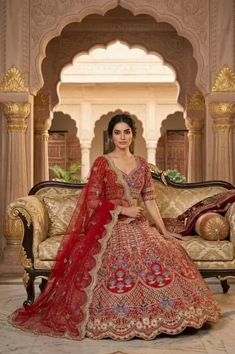 RED SATIN silk blend EMBROIDERY LEHENGA WHIT BLOUSE