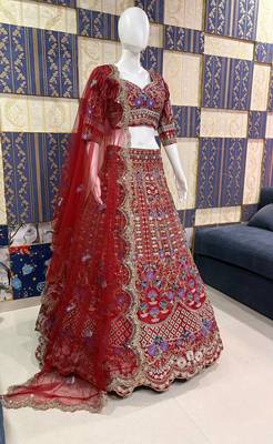 RED SATIN silk blend EMBROIDERY LEHENGA WHIT BLOUSE 3