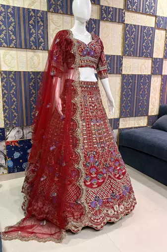 RED SATIN silk blend EMBROIDERY LEHENGA WHIT BLOUSE