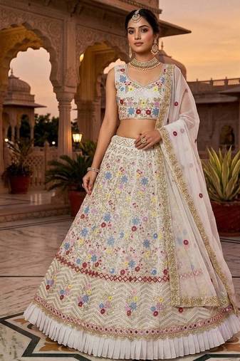 OFF WHITE GEORGETTE EMBROIDERY LEHENGA WHIT BLOUSE