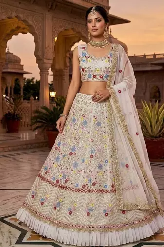 OFF WHITE GEORGETTE  EMBROIDERY SEMI STICHED  LEHENGA WHIT BLOUSE