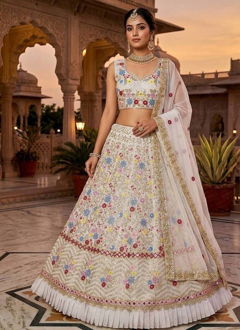 OFF WHITE GEORGETTE  EMBROIDERY SEMI STICHED  LEHENGA WHIT BLOUSE
