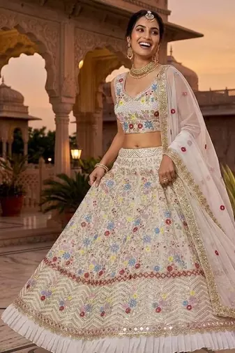 OFF WHITE GEORGETTE EMBROIDERY LEHENGA WHIT BLOUSE