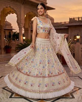 OFF WHITE GEORGETTE EMBROIDERY LEHENGA WHIT BLOUSE 3