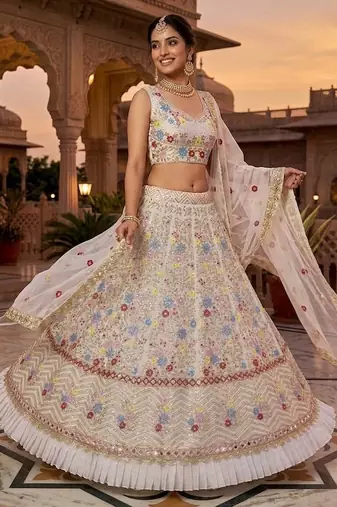 OFF WHITE GEORGETTE EMBROIDERY LEHENGA WHIT BLOUSE