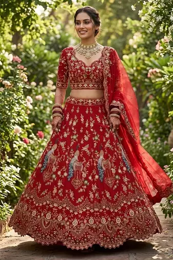 RED  GEORGETTE  EMBROIDERY SEMI STICHED  LEHENGA WHIT BLOUSE