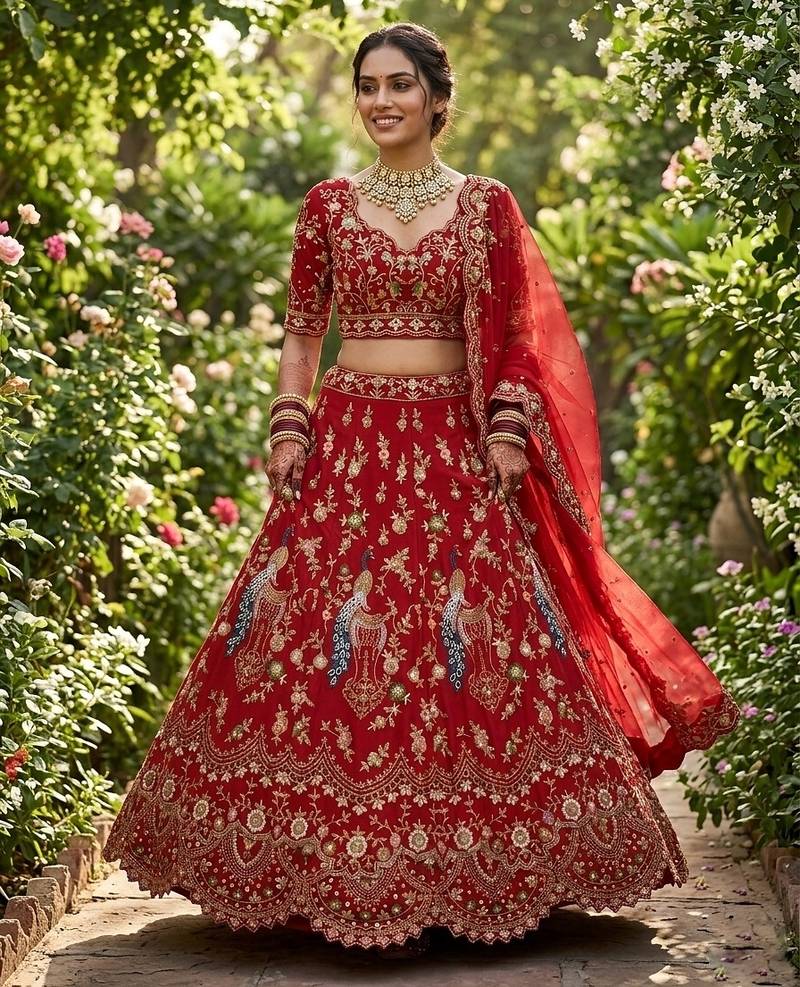 RED  GEORGETTE  EMBROIDERY SEMI STICHED  LEHENGA WHIT BLOUSE