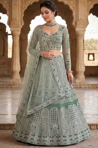 GREEN SOFT NET  EMBROIDERY SEMI STICHED  LEHENGA WHIT BLOUSE