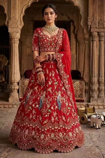 RED GEORGETTE EMBROIDERY LEHENGA WHIT BLOUSE