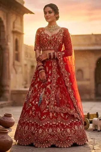 RED GEORGETTE EMBROIDERY LEHENGA WHIT BLOUSE