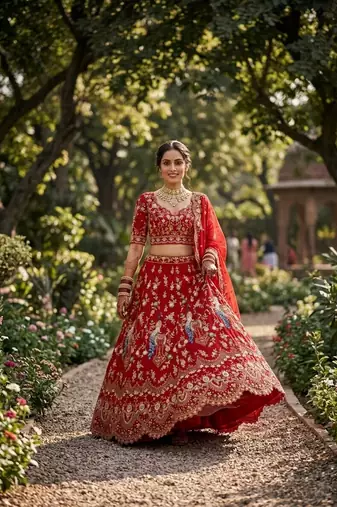 RED GEORGETTE EMBROIDERY LEHENGA WHIT BLOUSE