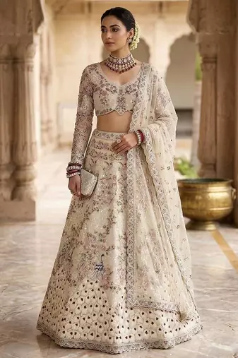 CREAM SOFT NET  EMBROIDERY SEMI STICHED  LEHENGA WHIT BLOUSE