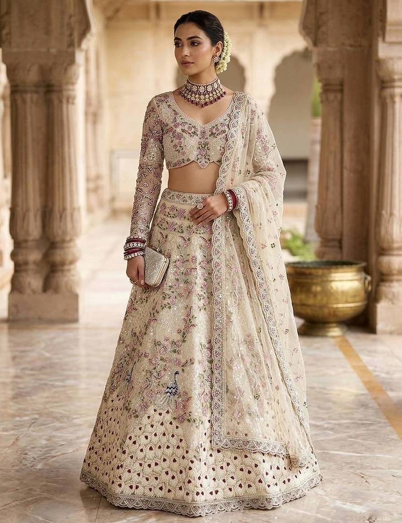 CREAM SOFT NET  EMBROIDERY SEMI STICHED  LEHENGA WHIT BLOUSE