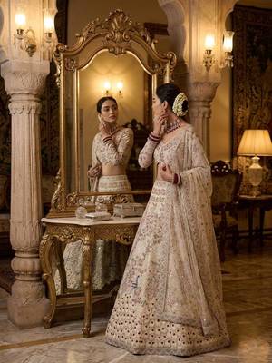 CREAM SOFT NET  EMBROIDERY SEMI STICHED  LEHENGA WHIT BLOUSE 2