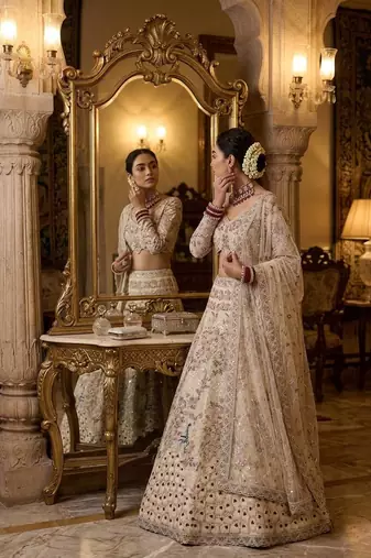 CREAM SOFT NET  EMBROIDERY SEMI STICHED  LEHENGA WHIT BLOUSE