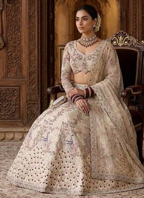 CREAM SOFT NET  EMBROIDERY SEMI STICHED  LEHENGA WHIT BLOUSE 3