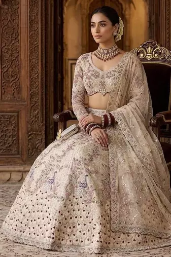 CREAM SOFT NET  EMBROIDERY SEMI STICHED  LEHENGA WHIT BLOUSE