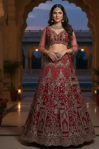 MAROON SOFT NET  EMBROIDERY SEMI STICHED  LEHENGA WHIT BLOUSE