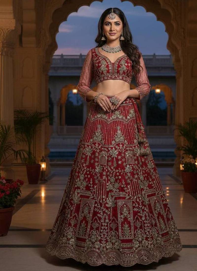 MAROON SOFT NET  EMBROIDERY SEMI STICHED  LEHENGA WHIT BLOUSE