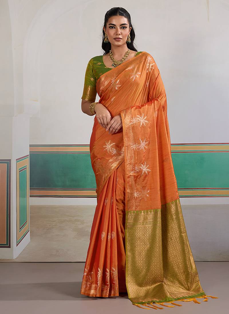 Weaving tussar silk orange saree