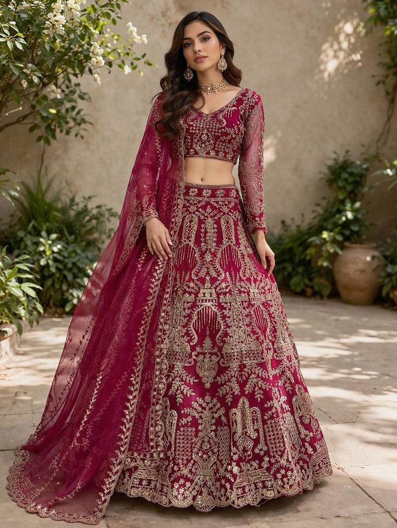 MAROON BUTTERFLY NET EMBROIDERY SEMI STICHED  LEHENGA WHIT BLOUSE