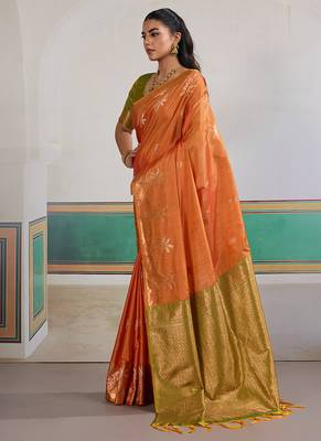 Weaving tussar silk blend orange saree 2
