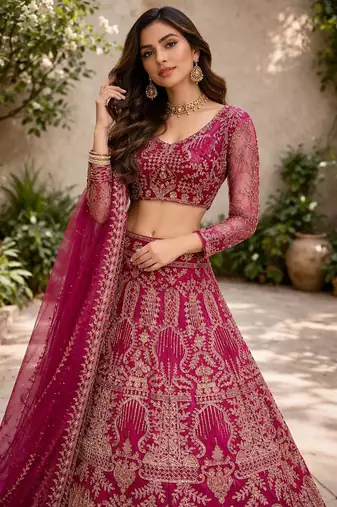 MAROON NET EMBROIDERY LEHENGA WHIT BLOUSE