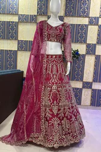 MAROON NET EMBROIDERY LEHENGA WHIT BLOUSE