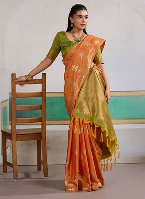 Weaving tussar silk blend orange saree 4