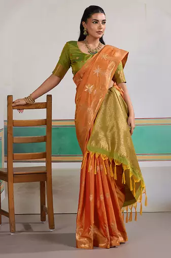 Weaving tussar silk blend orange saree