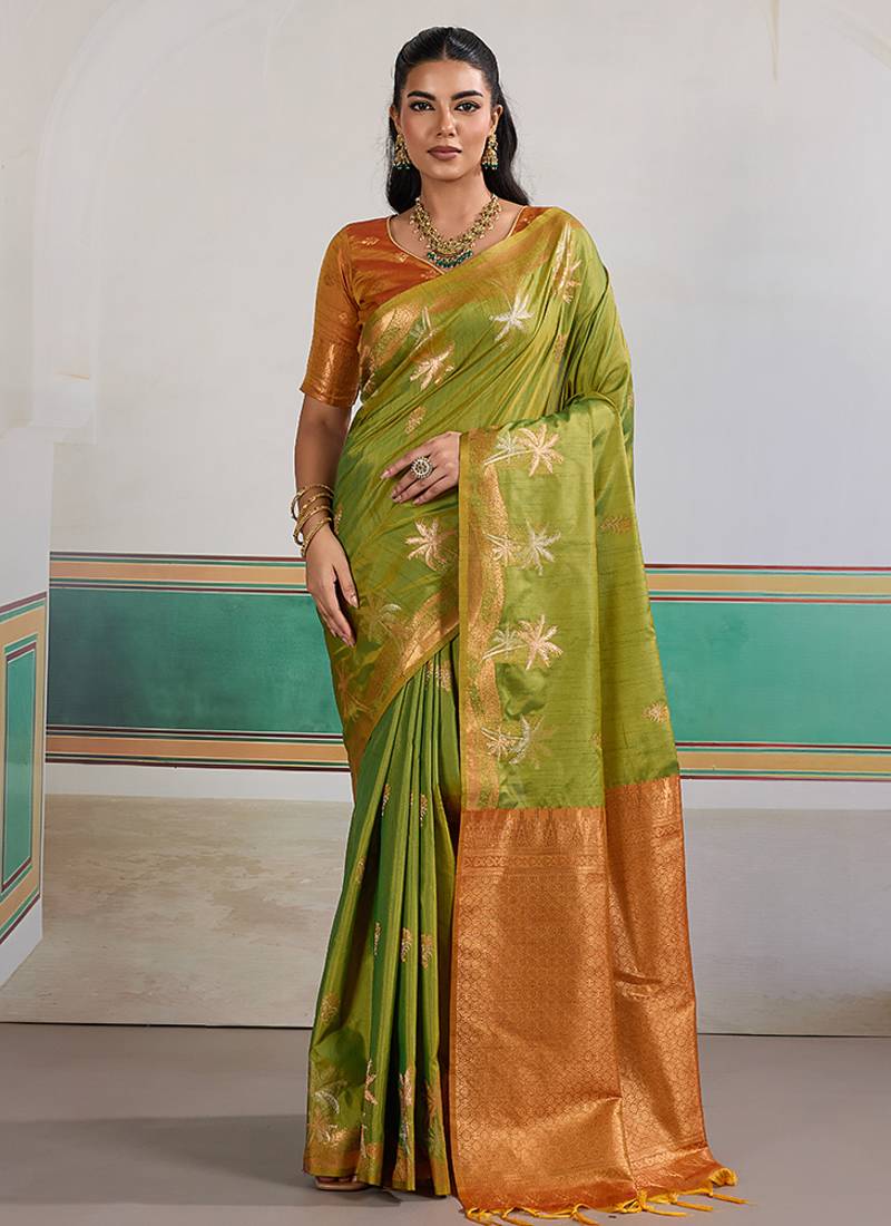 Weaving tussar silk light green saree