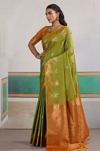 Weaving tussar silk blend light green saree