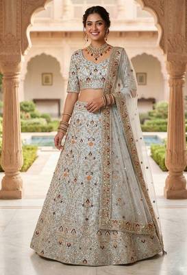 OFF WHITE SATIN EMBROIDERY LEHENGA WHIT BLOUSE 1