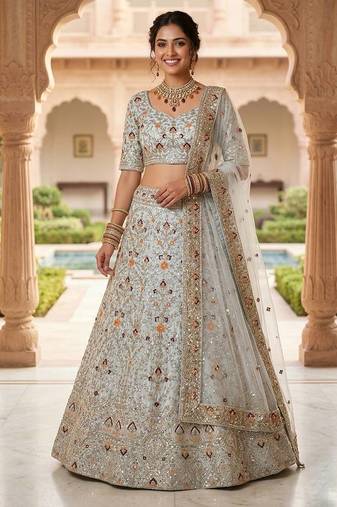 OFF WHITE SATIN   EMBROIDERY SEMI STICHED  LEHENGA WHIT BLOUSE