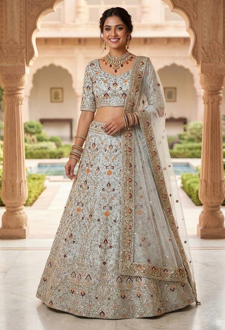 OFF WHITE SATIN   EMBROIDERY SEMI STICHED  LEHENGA WHIT BLOUSE