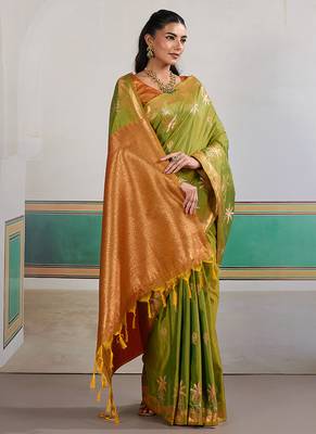 Weaving tussar silk blend light green saree 4