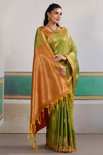 Weaving tussar silk blend light green saree