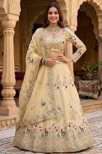 CREAM FANDY SILK EMBROIDERY SEMI STICHED  LEHENGA WHIT BLOUSE