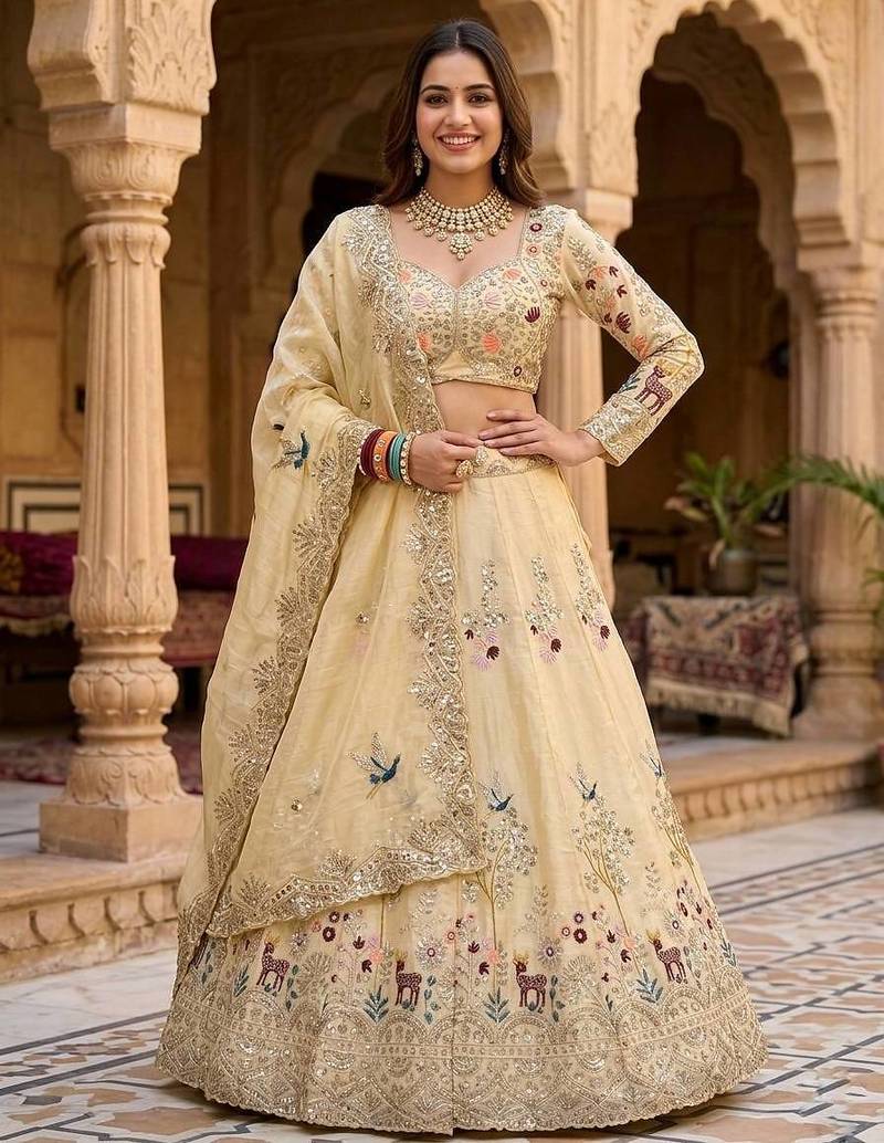 CREAM FANDY SILK EMBROIDERY SEMI STICHED  LEHENGA WHIT BLOUSE