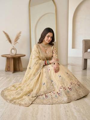 CREAM silk blend EMBROIDERY LEHENGA WHIT BLOUSE 2