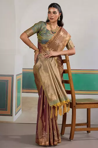 Weaving tussar silk blend brown saree